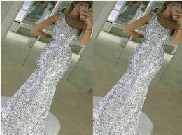 Silver Sparkly Sequined Mermaid Evening Party Dresses 2019 Newest One Shoulder Custom Long Formal Prom Gown Vestido Guest9940131