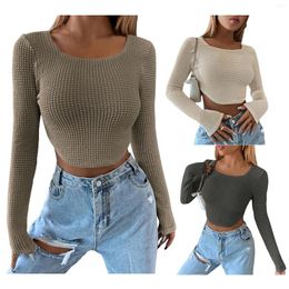 Women's T Shirts Fashion Women Long Sleeve Crop Tops Knitted Pullover Fall Spring Square Collar T-shirt Skinny Blouse Top Streetwear
