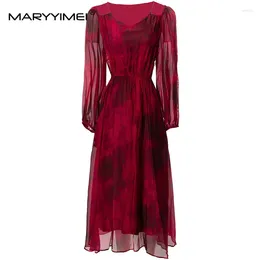 Casual Dresses MARYYIMEI Fashion Designer Spring Summer Women's Sexy V-Neck Sling Lantern Sleeved Splicing Wine Red Silk