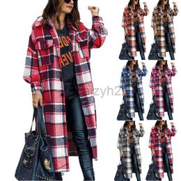 Women's Trench Coats women's autumn and winter new long sleeve loose button Plaid Shirt fur coat Long Plus Size Outerwear Coats