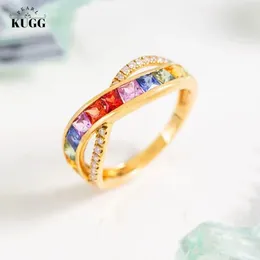 Cluster Rings KUGG 18K Yellow Gold Shiny Natural Rianbow Sapphire Luxury Diamond Cross Shape Wedding Jewelry For Women