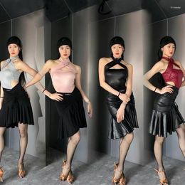 Stage Wear Adults Samba Cha Tango Latin Dance Costumes Sexy Halter Top Leather Skirts Women'S Clothing SL10046