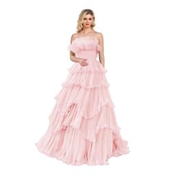 Prom axelfria ruffles klänningar lång nivå tiered tulle boll klänning prinsessa formella aftonklänningar för kvinnor prom amz s