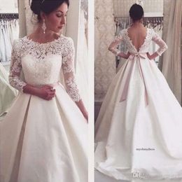 New Arrival Elegant Long Sleeve Lace Dresses Backless Satin A Line Wedding Gowns Bridal Bride Dress Robe De Mariage Custom Made 0430