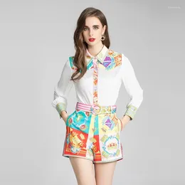 Women's Tracksuits Spring Summer Long Sleeve Beading Tassel Blouse And Shorts Suit 2 Piece Matching Sets For Women Print Vintage Holiday