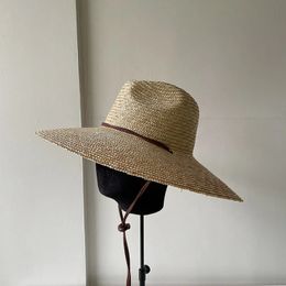 Natural handmade wheat straw hat Panama womens hat tie wind rope wide Brim sun hat beach lifeguard Rush straw hat summer surfing hat 240428