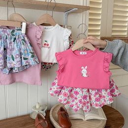 Clothing Sets 2024 Summer Toddler Girl 2PCS Clothes Set Cartoon Flower Cherry Sleeve Tops Suit Colourful Printed Shorts Outfit