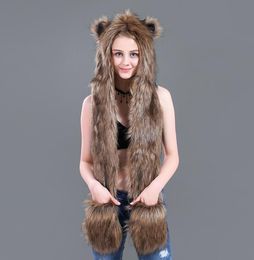 Winter European and American imitation fur hats plush animal pattern hats cute cartoon hats scarf gloves a piece5210386