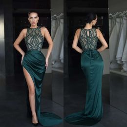 Prom sjöjungfru gröna juvelen Dark Dresses Illusion Bodice aftonklänning delad formell lång speciell OCN -festklänning