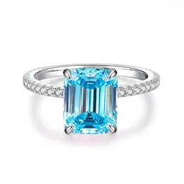 Cluster Rings 925 Silver Ocean Blue Treasure Ring With Full Diamond Emerald Cut Banquet Rock Candy For Women