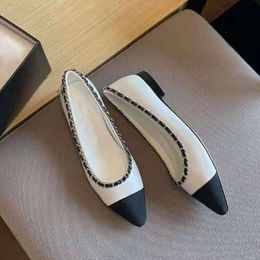Chanells Leather Best-quality High Quality Flats Genuine Women Shoes Luxury Designer Gold Chain Slip-on Pointed Toe 893