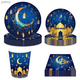 Disposable Plastic Tableware Blue Eid al Fitr Mubarak Ramadan Muslim holidays disposable cutlery sets cups plates baby shower party decorations WX