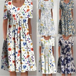 Fall Womens Elegant Large Swing Dress Printed Round Neck Short Sleeve For Women 2039