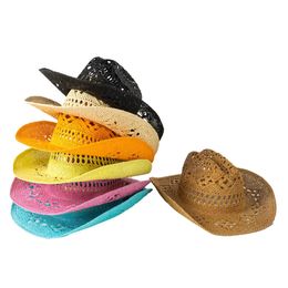 Summer Cowboy Hats for Men Western Hollowed Handmade Straw Jazz Sun Hat Beach Women Cowgirl Cap Pink Solid Sombrero Hombre 240428