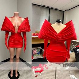 Exquisite New Arrival Red Short Prom Gown With Two Gloves Off Shoulder Birthday Party Tail Dresses Robe De Bal Custom-Made 0431