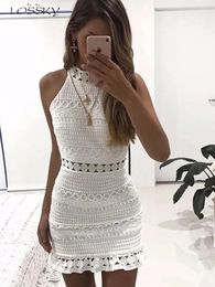 Lossky Sexy Lace Stitching Hollow Out Dress Elegant Women Sleeveless White Summer Chic Short Club Party Clothes Dresses 240424