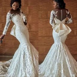 Dresses African Gown Mermaid Wedding Lace Bridal Applique Tulle Scoop Neck Long Sleeves Custom Made Vestidos Covered Buttons Back