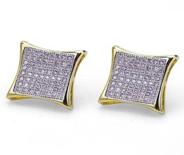 Men Hip Hop Stud Earrings Square Screw Back Shining White Zircon Earrings Gold Plated Vintage Geometric Jewellery Whole1345607