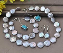 Pendant Necklaces Z13293 Set 19mm Grey Round Coin Pearl Necklace Bracelet Erarring Turquoise CZ Custom Jewellery