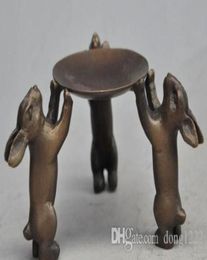 new 4quot old chinese bronze animal zodiac Lovely Rabbit Plate Lampstand Candlesticks9520736