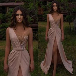 Neck Evening Elegant Beads Sequins Illusion Dresses Party Prom Front Split Pleats Long Dress For Special Ocn