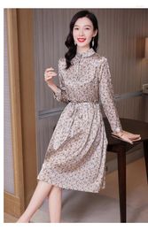 Casual Dresses Silk Dress For Women 18MM Full Sleeve 2024 Spring Waist High-end Satin Floral Skirt