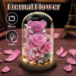 LED Preserved Roses in Glass Dome Eternal Natural Flowers Forever Love Wedding Favour For Woman Mothers Valentine's Day Gift Bear 240418