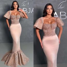 Mermaid Neck Square Elegant Short Evening Champagne Sleeves Sequins Pearls Formal Party Prom Dress Long Dresses For Special Ocn es