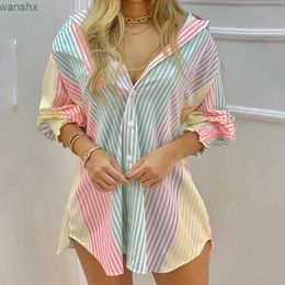 Women's Blouses Shirts Womens Spring and Summer Printed Long sleeved Lapel Casual Shirt Womens Single breasted Open Front Irregular Mini Dress 2022L2405
