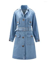 Women's Trench Coats Loose Denim For Women Belt On Waist Slim Jean Spring Autumn Ladies Jaqueta Feminina Blue Jacket