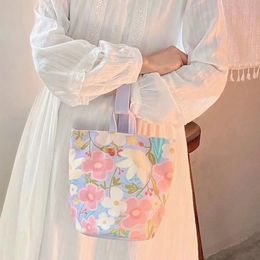 Large Capacity Fresh Flower Bucket Bag Cute Lunch Korean Style Canvas Handbag Shopping Bags Tote Mummy Women 240423