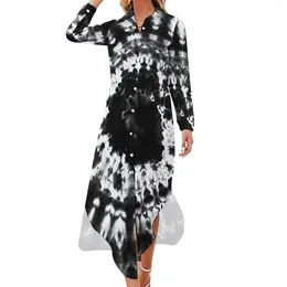 Casual Dresses Black Tie Dye Print Chiffon Dress White Spiral Elegant Stylish Female Sexy Custom Clothes Large Size