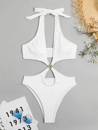 Women's Swimwear One Piece Swimsuit Sexy White Halter Swimsuits Cut Out Monokini Woman 2024 Bathers High Swimming Bathing Suit For Women