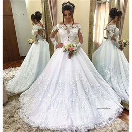 Romantic Lace 2019 Elegant Off Shoulder A Line Sheer Long Sleeve Wedding Bridal Gowns Formal Dresses Custom 0430