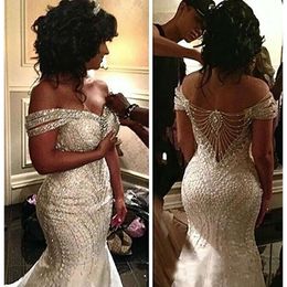 Mermaid Beading Portrait 2021 Organza Backless Sequin Off Shoulder Gowns Sweep Train Wedding Dresses Custom Made Bridal Vestidos
