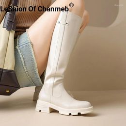 Boots LeShion Of Chanmeb Women Real Leather Riding Beige Thick Bottom KneeHigh Motorcycle Boot Lady Winter Chunky Heels Shoes 42