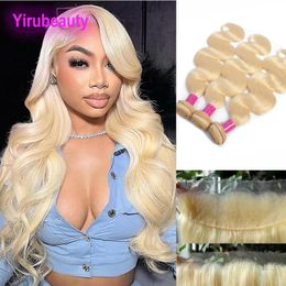 Indian Virgin Human Hair Double Wefts With HD 13*4 Lace Frontal Blonde 613# Colour Straight Body Wave 4 PCS/lot