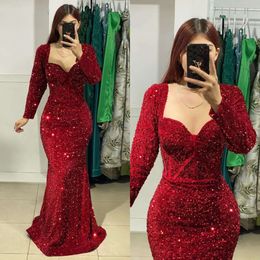 Dresses Sleeves Evening Red Mermaid Sequins Muslim Party Prom Sweep Train Long Dress For Special Ocn