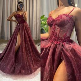 Bury Prom Dress Illusion Bordy seksowna kości Wysoki wieczór Eleganckie aplikacje Glitter A Party Sukienki na specjalne Ocns Es