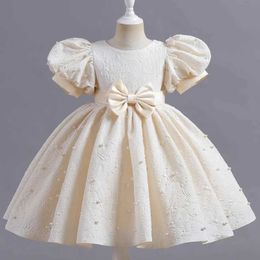 Girl's Dresses New Girls Bow Tie Bead Bubble Sleeve Solid Color Dress Wedding Flower Boy Graduation Evening Performance Dress