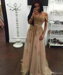 Champagne Lace Beaded Arabic Evening Dresses Sweetheart Aline Tulle Off the Shoulder Prom Dresses Vintage Cheap Formal Party Gown8676761