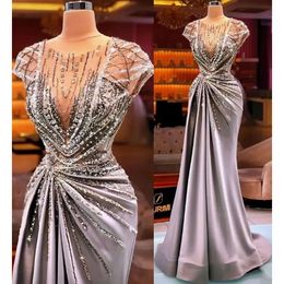 Mermaid Sier Arabic Ebi Aso Luxurious Prom Dresses Sheer Neck Beaded Crystals Evening Formal Party Second Reception Gowns Dress 0201
