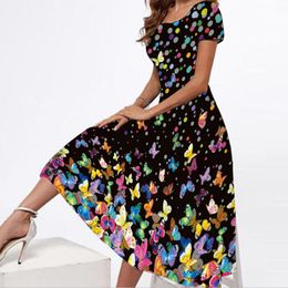 Womens Square Collar Short Sleeve Long Dress Positioning Printing Large Swing