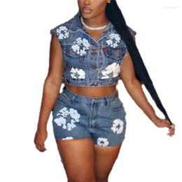 Women's Tracksuits Fashion Short Sleeveless Denim Jacket Women White Flower Print Two Piece Sets Casual Female Suits Stretch Mini Shorts