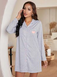 Women's Sleepwear Autumn Sexy Heart Design Slpwear Lady Grey Night Gown Homedress Turn Down Collar Slping Dress V Neck Home Wear Suit Women Y240426