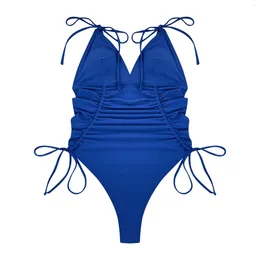 Women's Swimwear Summer Ladies Sexy Jumpsuits Swimsuit Blue Drawstring Pleated Beach Bikini Bottoms