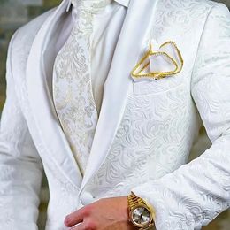 White Elegant Jacquard Suits for Men 2 Piece Chic Shawl Lapel Groom Wedding Tuxedo Prom Party Banquet Suit Slim BlazerPants 240430