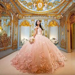 Rosa quinceanera klänningar blommor älskling söt 15 flickor prinsessan klänning vestidos de prom 2023 bollklänningar 0431