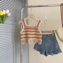 Clothing Sets Girls Hollowed Out Crochet Knitted Vest Set Baby Girls' Summer Sweet Vacation Striped Tank Top Soft Denim Shorts Outfit