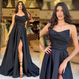 A Elegant Satin Prom Dresses Black Line Strapless Evening Dress Pleats Split Formal Long Special Ocn Party Dress